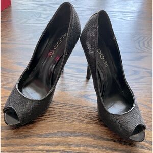 Aldo peep toe black sequin heels